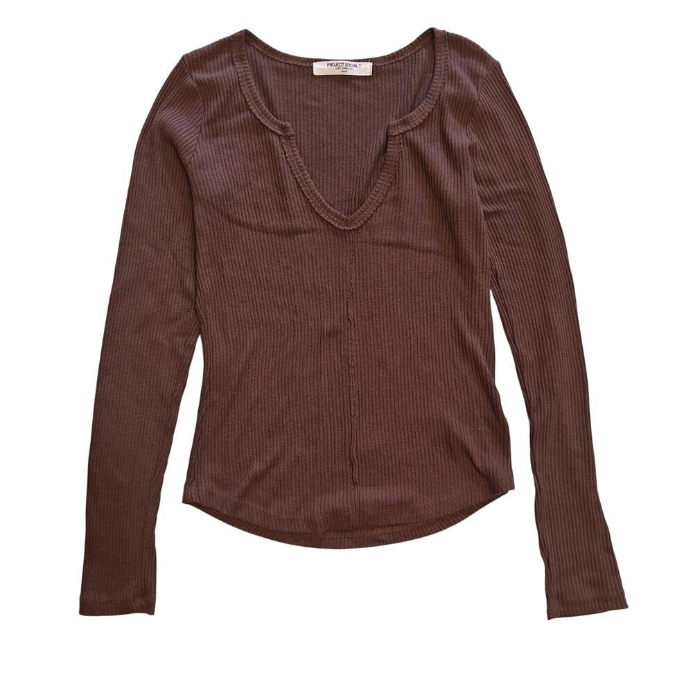 Project Social T Brown Ribbed Long Sleeve Top V Neck Soft Stretch Tee
